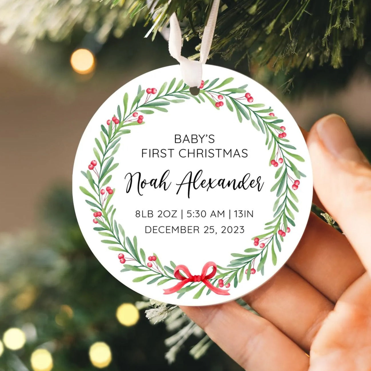 Custom Baby's First Christmas Ornament 2025 | Ceramic Baby Birth Stat Ornament New Mom Gift, Baby's First Holiday Gift, New Baby Keepsake