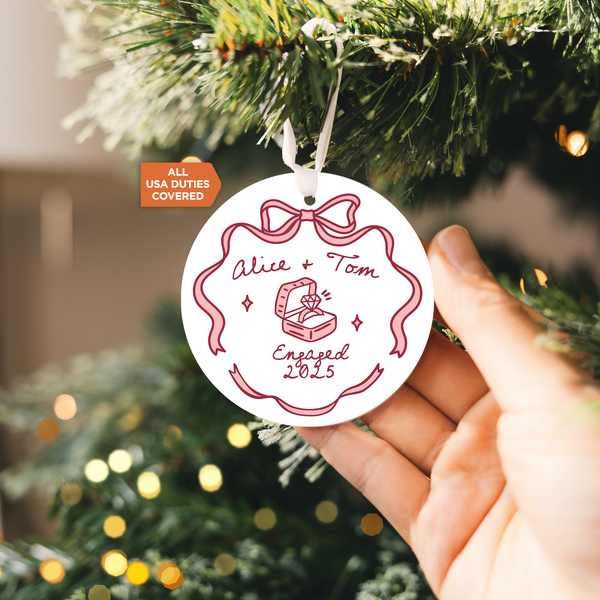 First Christmas Engaged Ornament - Personalized Couple Ceramic Keepsake