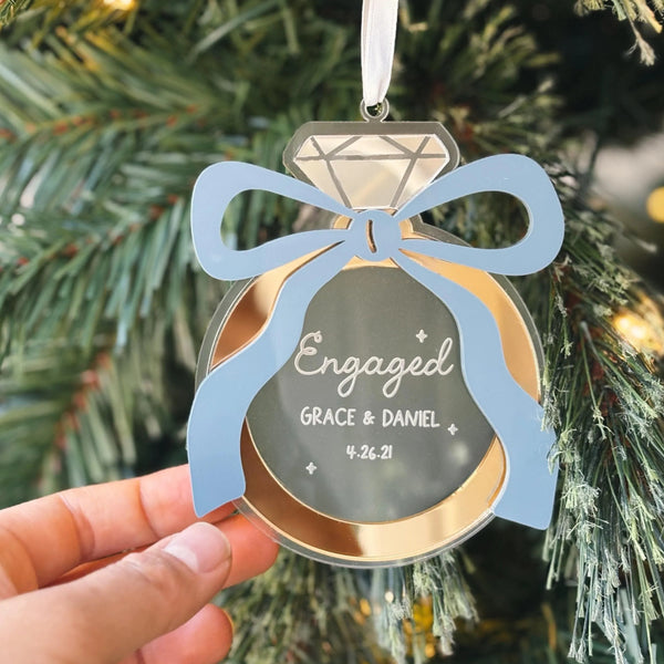 First Christmas Engaged Coquette Bow Ornament 2025 | Custom Engagement Ring Keepsake, Couples Ornament Gift, First Christmas Engaged