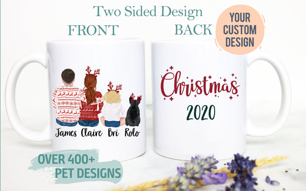 Custom Holiday Family Couple Pet Portrait Mug, Family Christmas, Cat Dog Lover Dog Mom Dad, Pet Owner Gift Couple Gift Boyfriend, Girlfriend