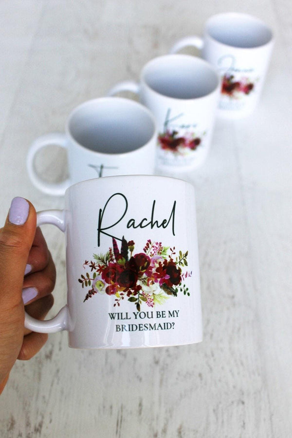 Burgundy Boho Floral Bridesmaid Custom Name With Date - White Ceramic Mug