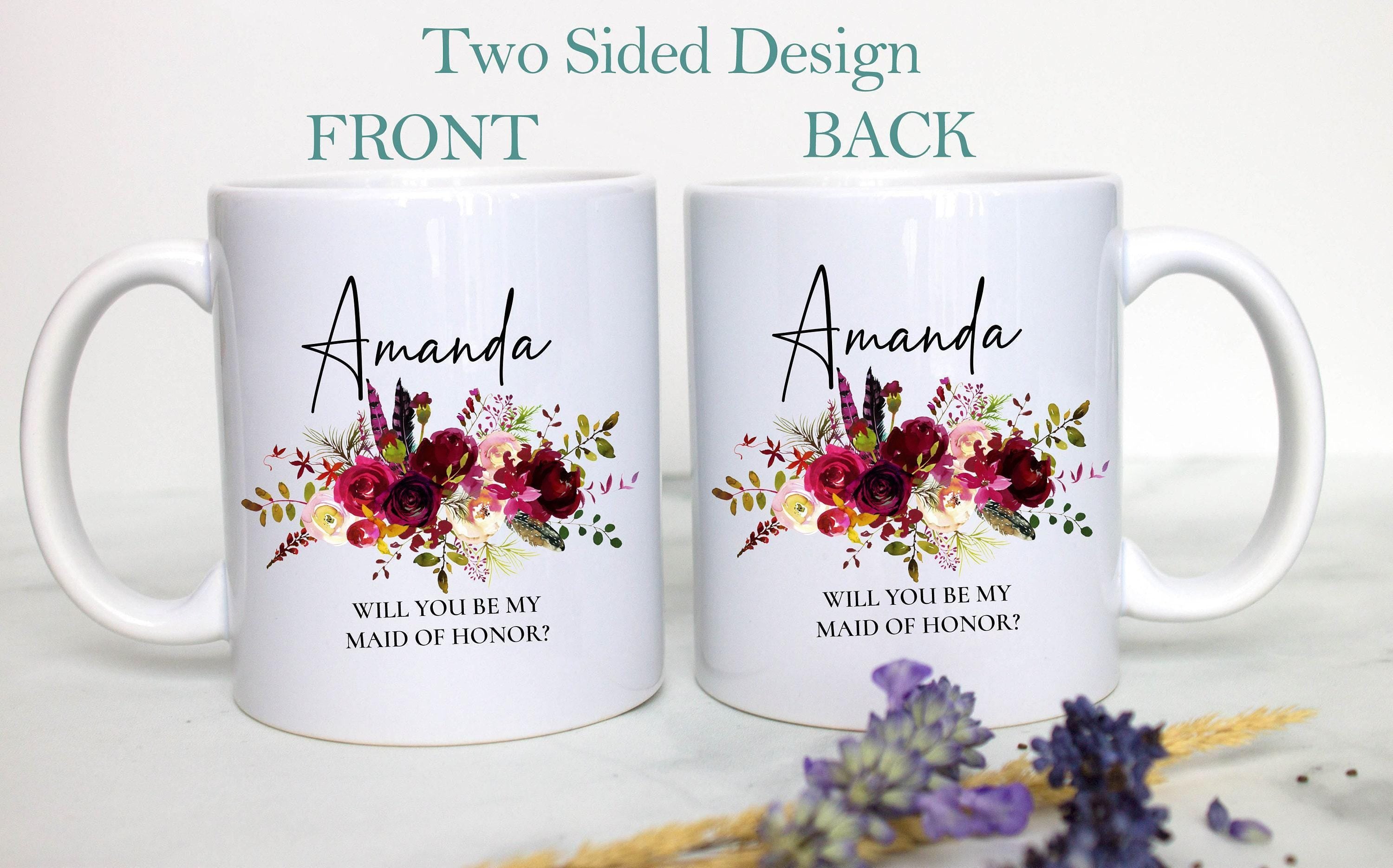 Burgundy Boho Floral Bridesmaid Custom Name With Date - White Ceramic Mug