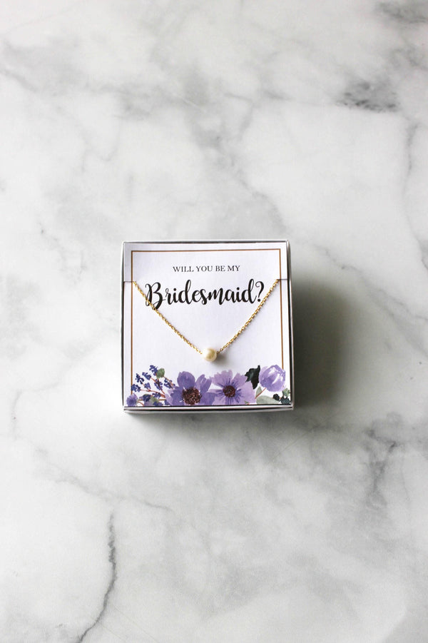 Bridesmaid Pearl Necklace Gift - Purple Floral