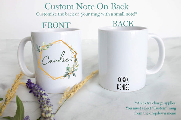 Green and Gold Floral Design with Custom Name - White Ceramic Mug