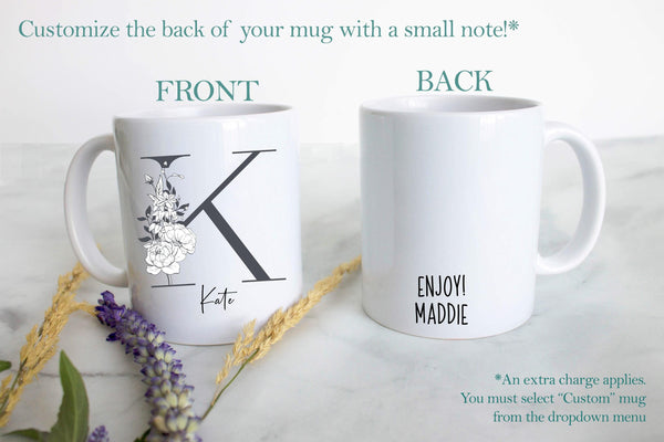 Grey Floral with Custom Initial and Name - White Ceramic Mug
