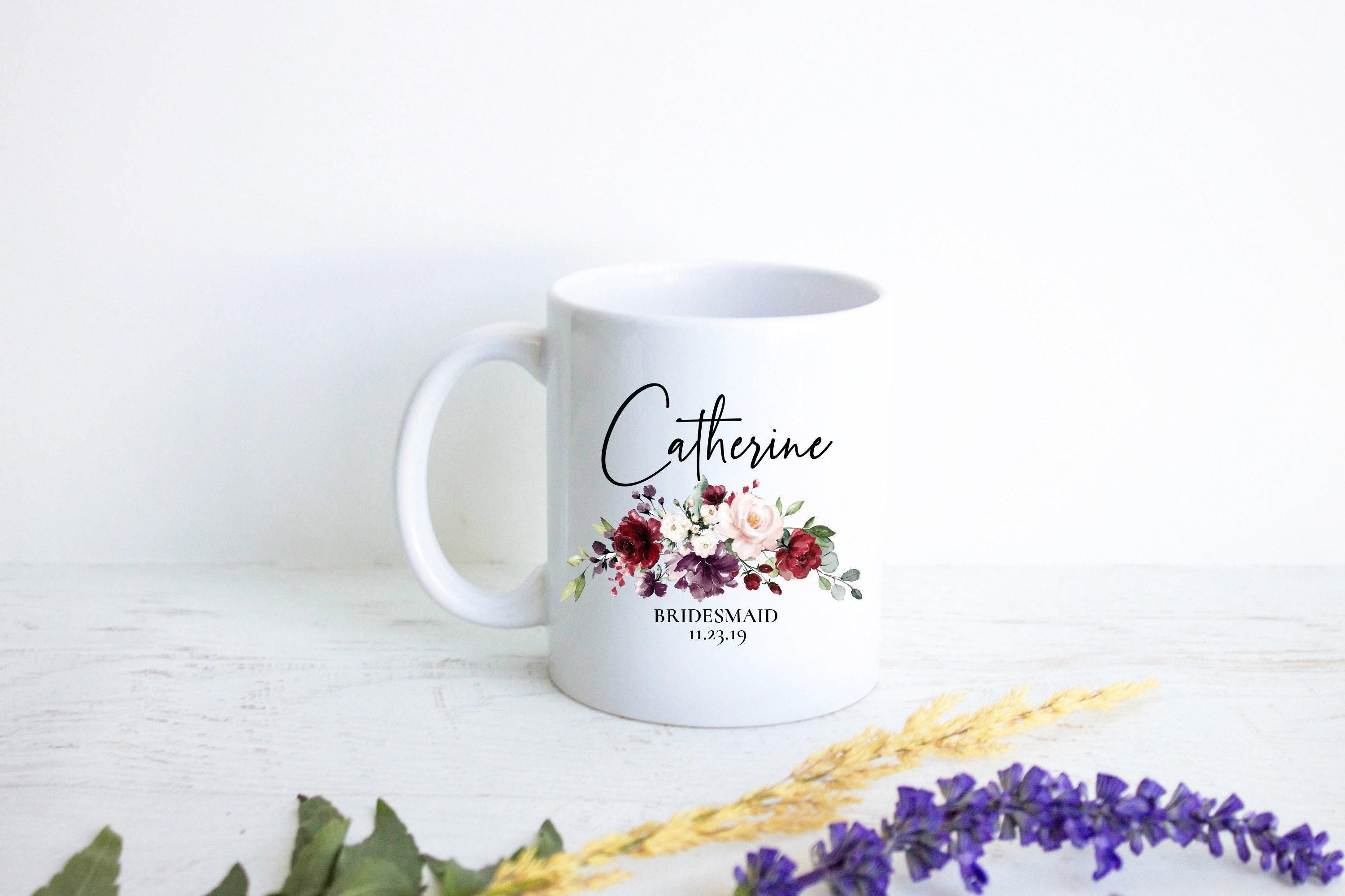 Fall Burgundy Floral Bridesmaid Custom Name With Date - White Ceramic Mug