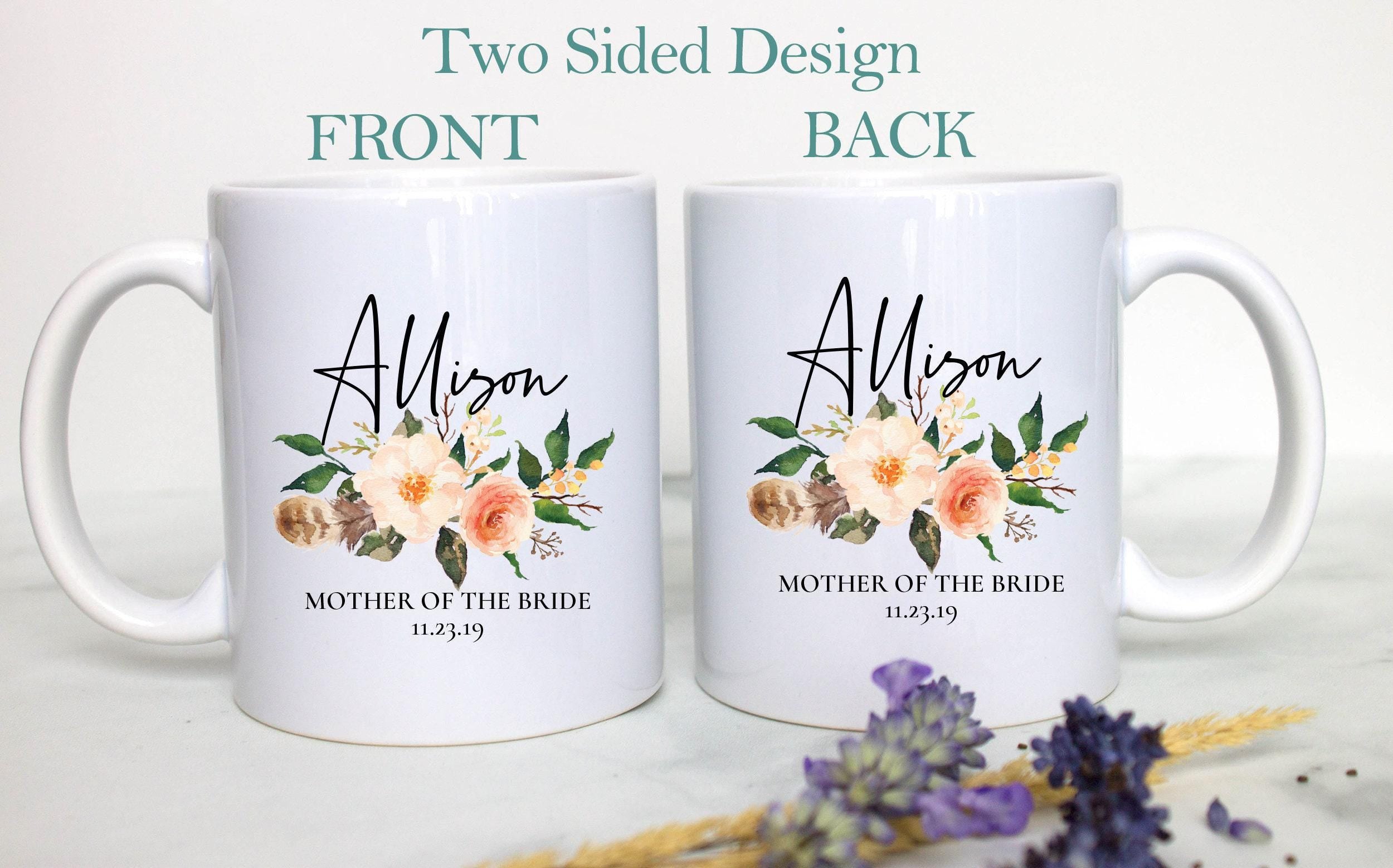 Boho Bohemian Floral Mother of the Bride Custom Name With Date - White Ceramic Mug
