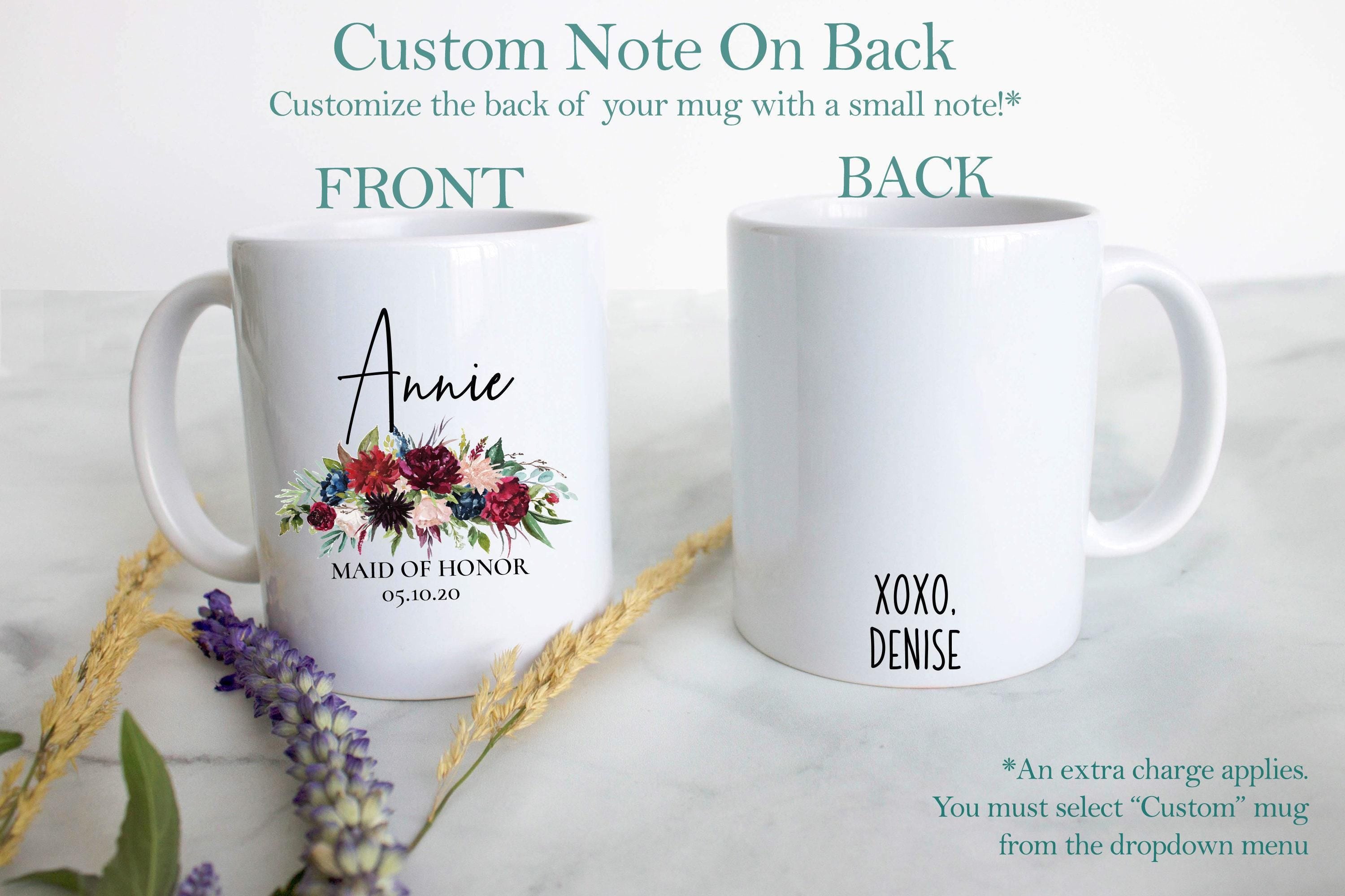 Burgundy Boho Floral Bridesmaid Custom Name With Date - White Ceramic Mug
