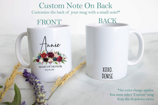 Burgundy Boho Floral Bridesmaid Custom Name With Date - White Ceramic Mug