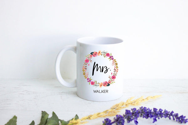 Floral Wreath Married Mrs. Mug Custom Name - White Ceramic Mug