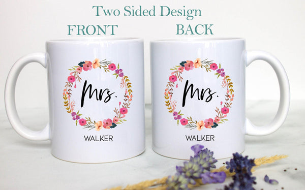Floral Wreath Married Mrs. Mug Custom Name - White Ceramic Mug