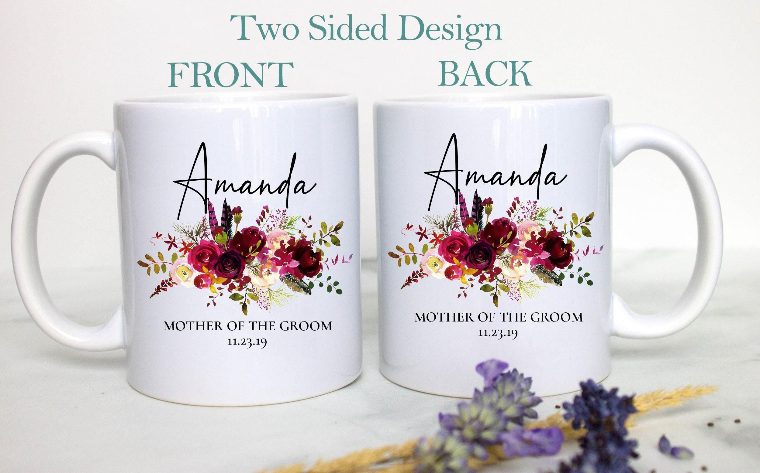 Burgundy Fall Floral Mother of the Groom Custom Name With Date - White Ceramic Mug
