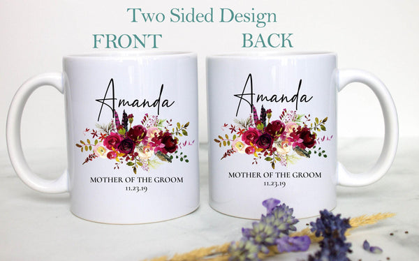 Burgundy Fall Floral Mother of the Groom Custom Name With Date - White Ceramic Mug