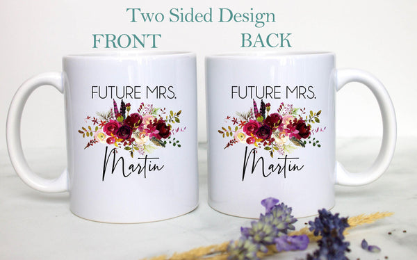 Future Mrs. Mug Burgundy Boho Floral Custom Name - White Ceramic Mug