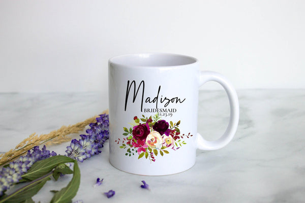 Burgundy Fall Floral Bridesmaid Custom Name With Date - White Ceramic Mug