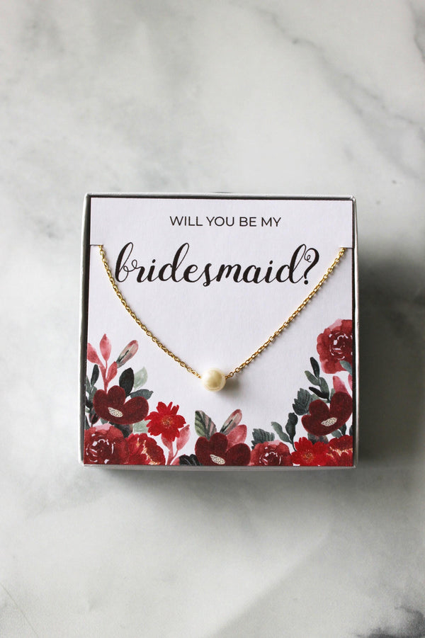 Bridesmaid Pearl Necklace Gift - Red Floral #2