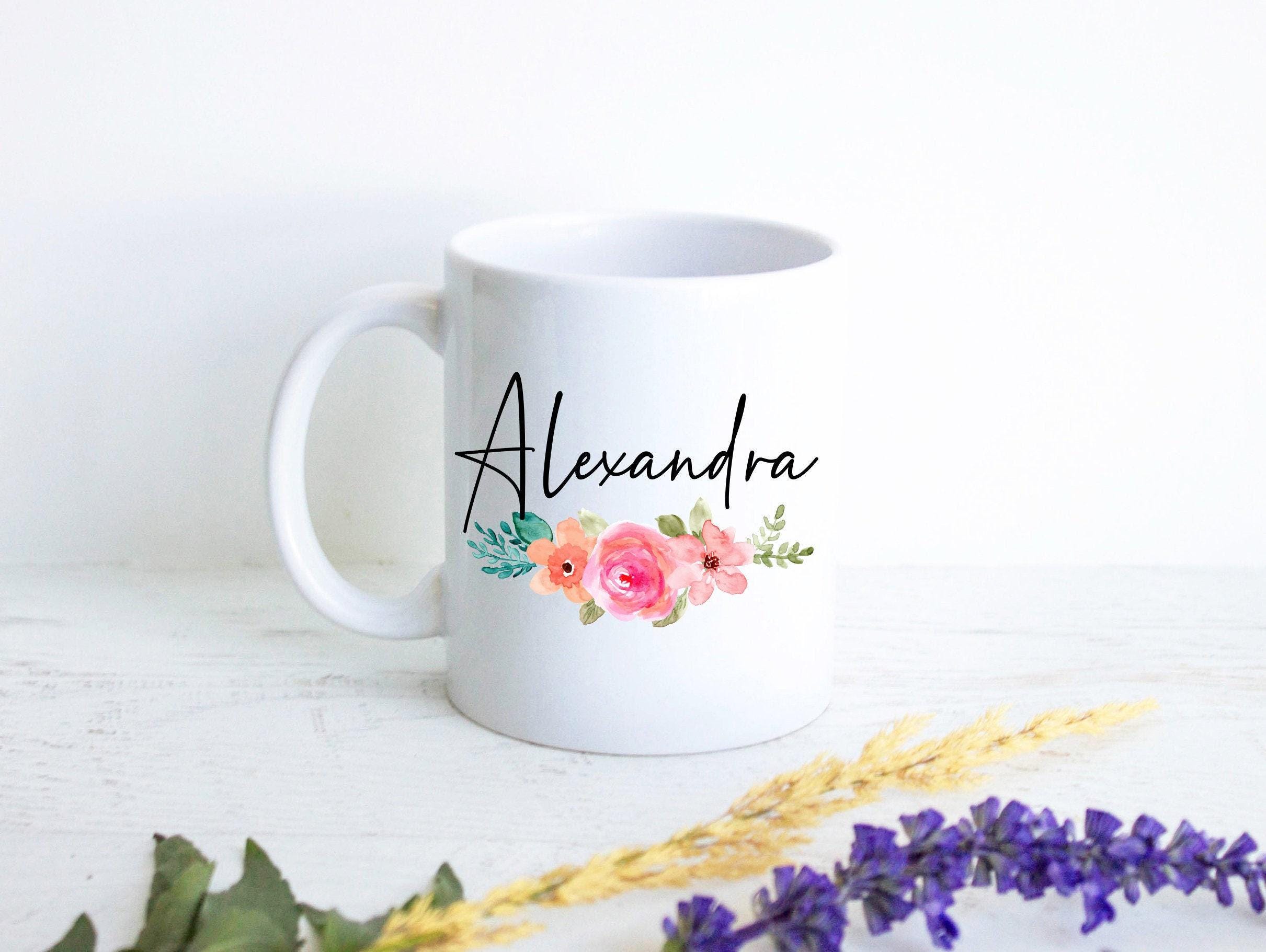 Bright Floral with Custom Name - White Ceramic Mug