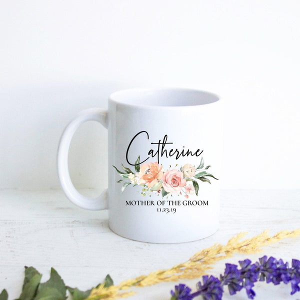 Light Peach Pink Floral Mother of the Groom Custom Name and Date - White Ceramic Mug