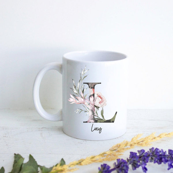 Woodland Floral with Custom Initial and Name - White Ceramic Mug