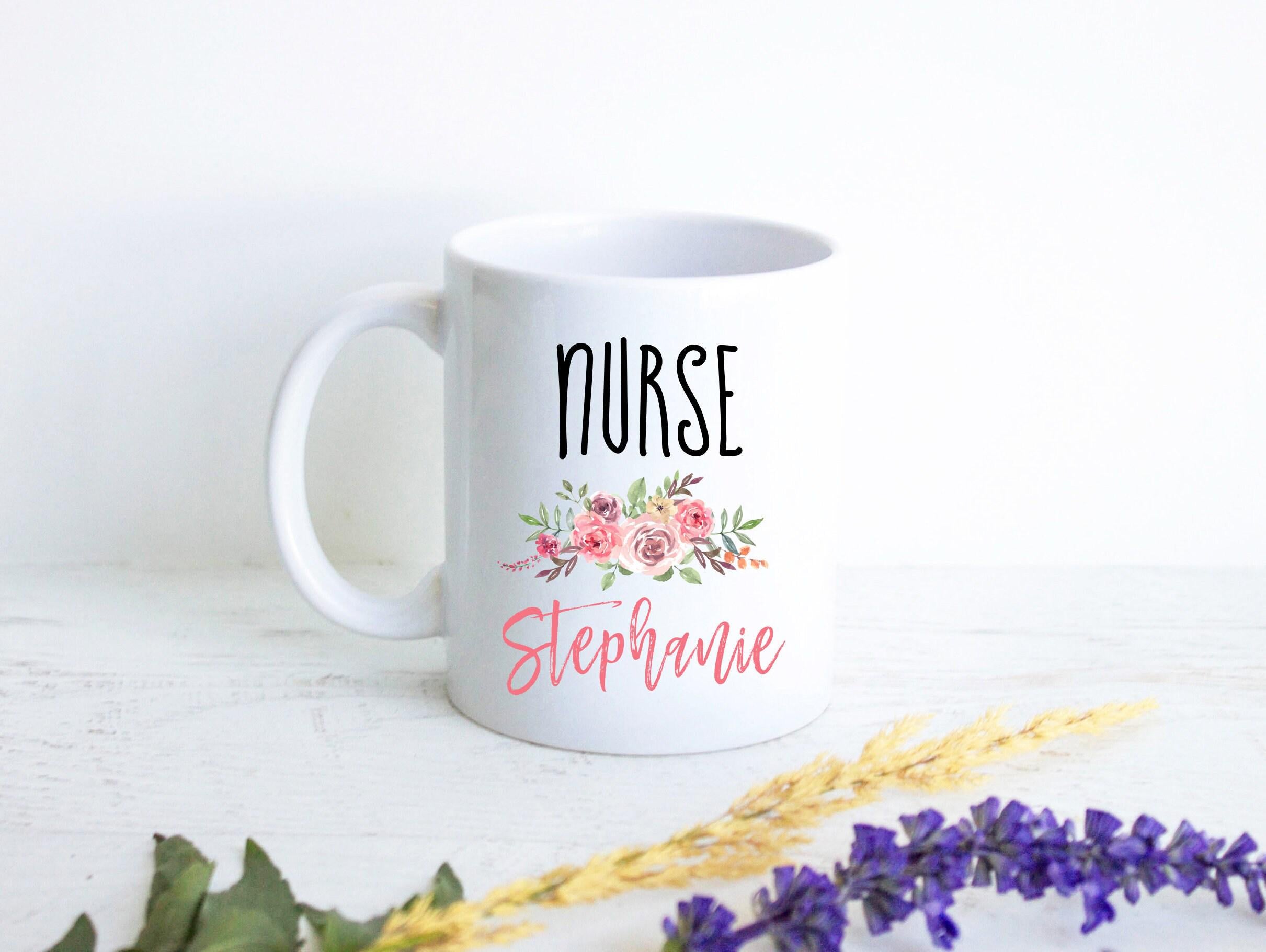 Nurse Floral Monogram With Custom Name - White Ceramic Mug