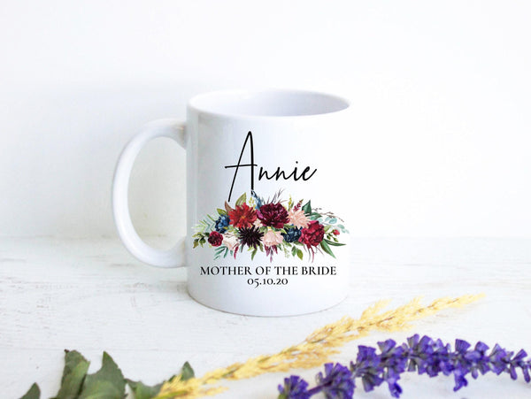 Burgundy Fall Winter Floral Mother of the Groom Custom Name With Date - White Ceramic Mug