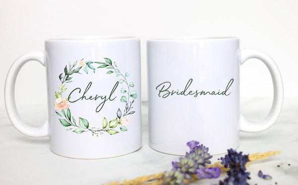 Floral and Green Leaves Bridesmaid Custom Name With Date - White Ceramic Mug