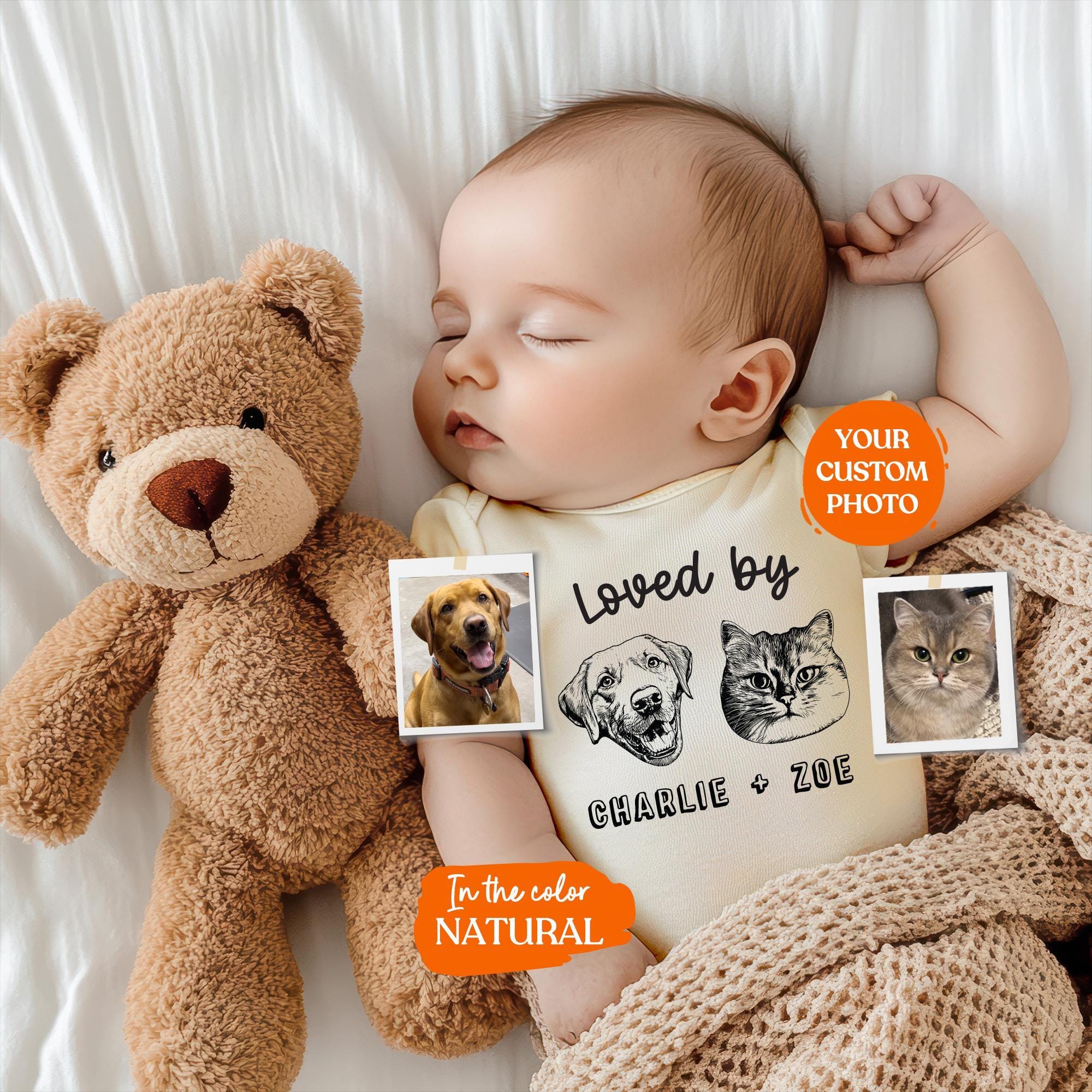Custom Loved By Bodysuit | Protected By Pets, Newborn Outfit, Gift for Baby, Dog Brother, Baby Announcement, Cat Portrait, New Best Friend