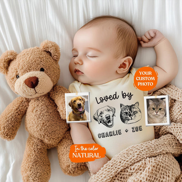 Custom Loved By Bodysuit | Protected By Pets, Newborn Outfit, Gift for Baby, Dog Brother, Baby Announcement, Cat Portrait, New Best Friend