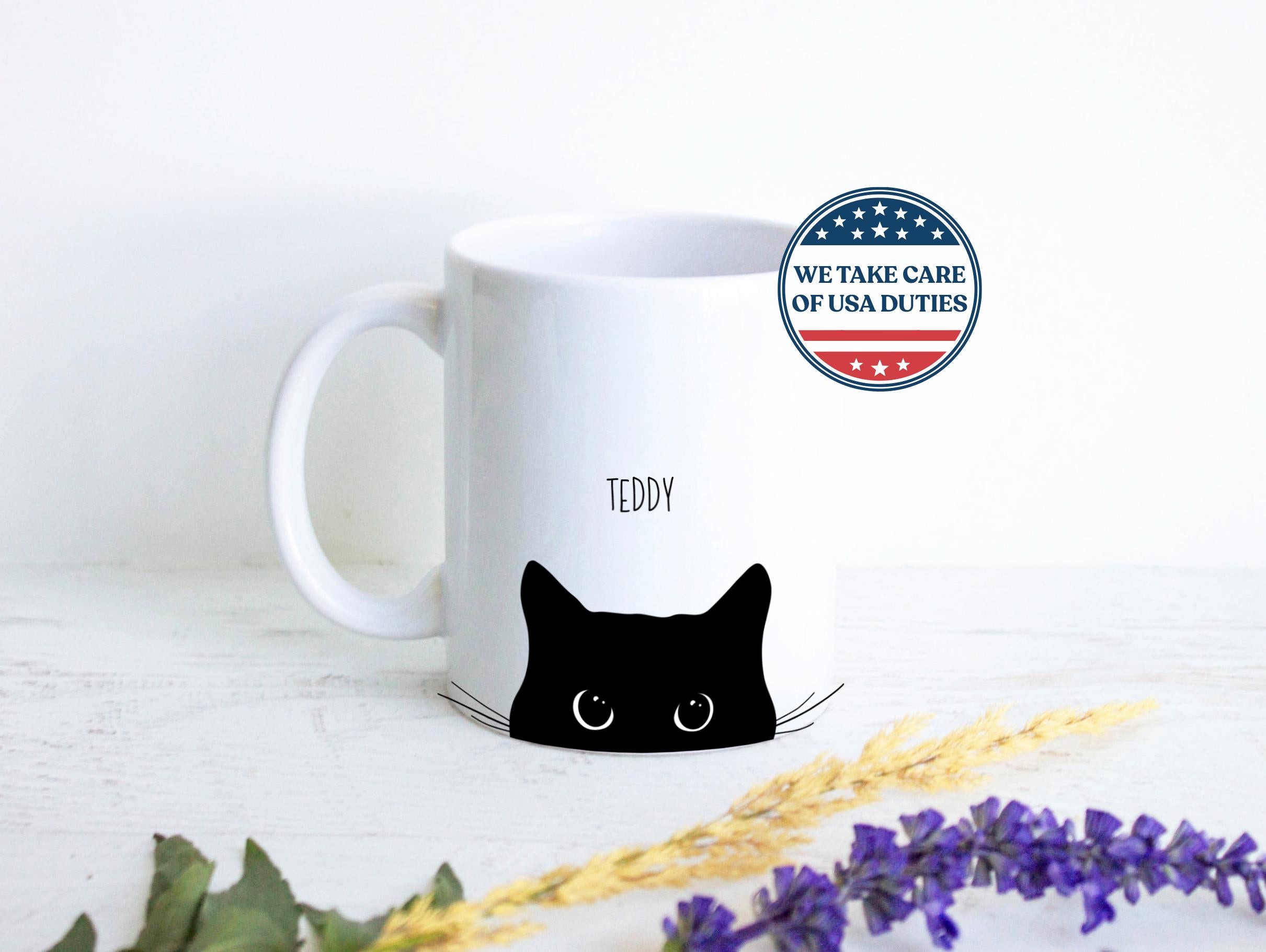 Personalized Black Cat Name Mug #2 - White Ceramic Custom Mug
