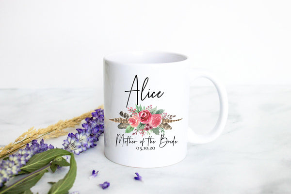 Bohemian Boho Fall Floral Mother of the Groom Custom Name With Date - White Ceramic Mug