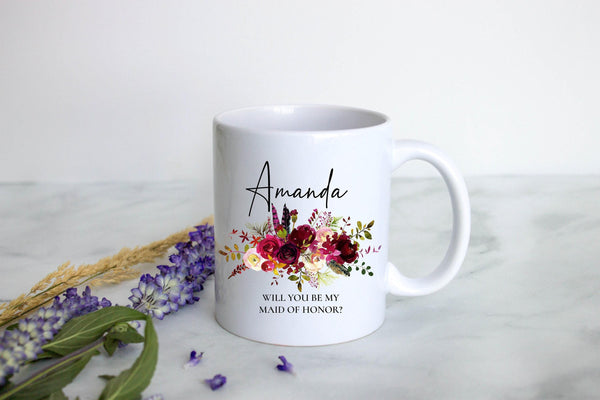 Burgundy Boho Floral Bridesmaid Custom Name With Date - White Ceramic Mug