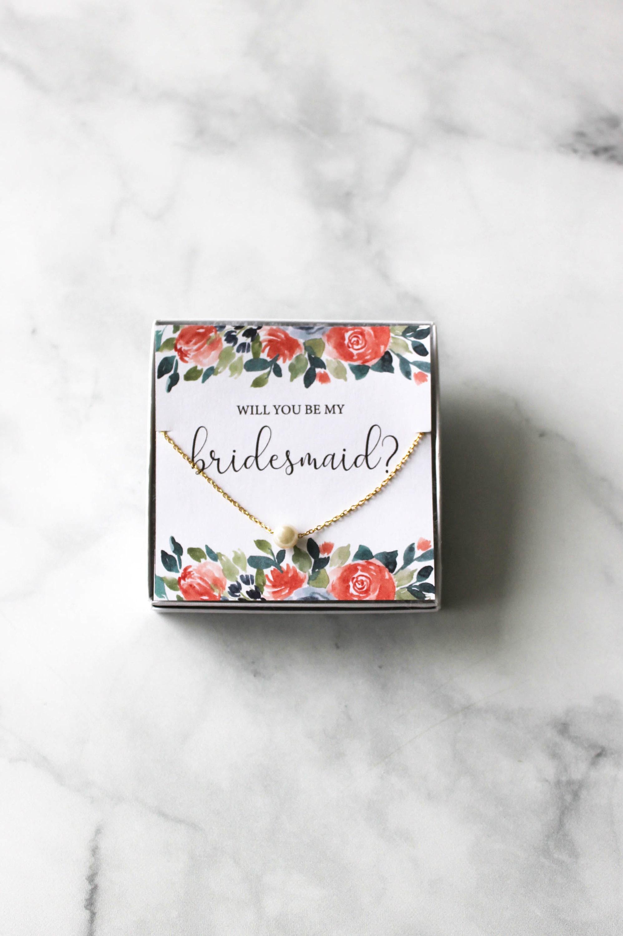 Bridesmaid Pearl Necklace Gift - Peach Floral