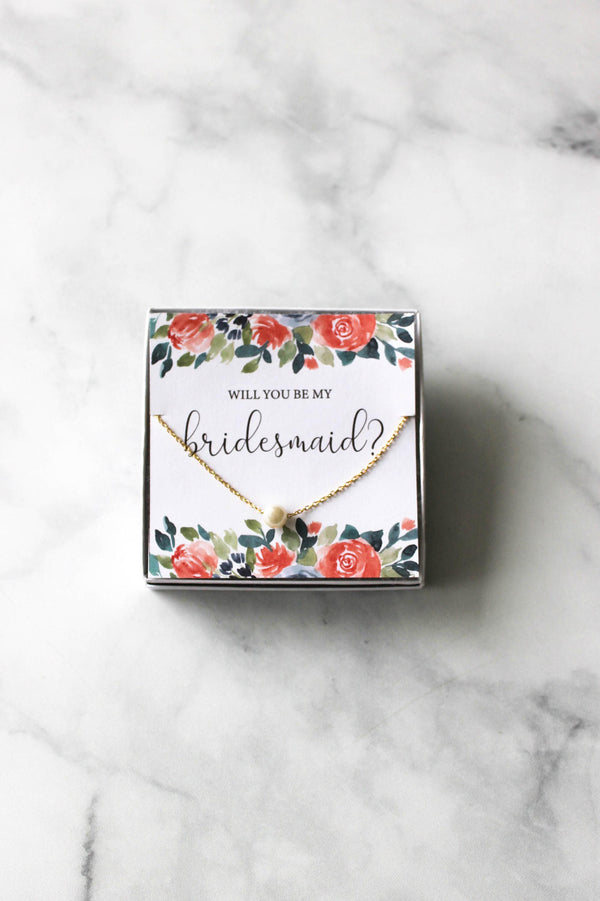 Bridesmaid Pearl Necklace Gift - Peach Floral