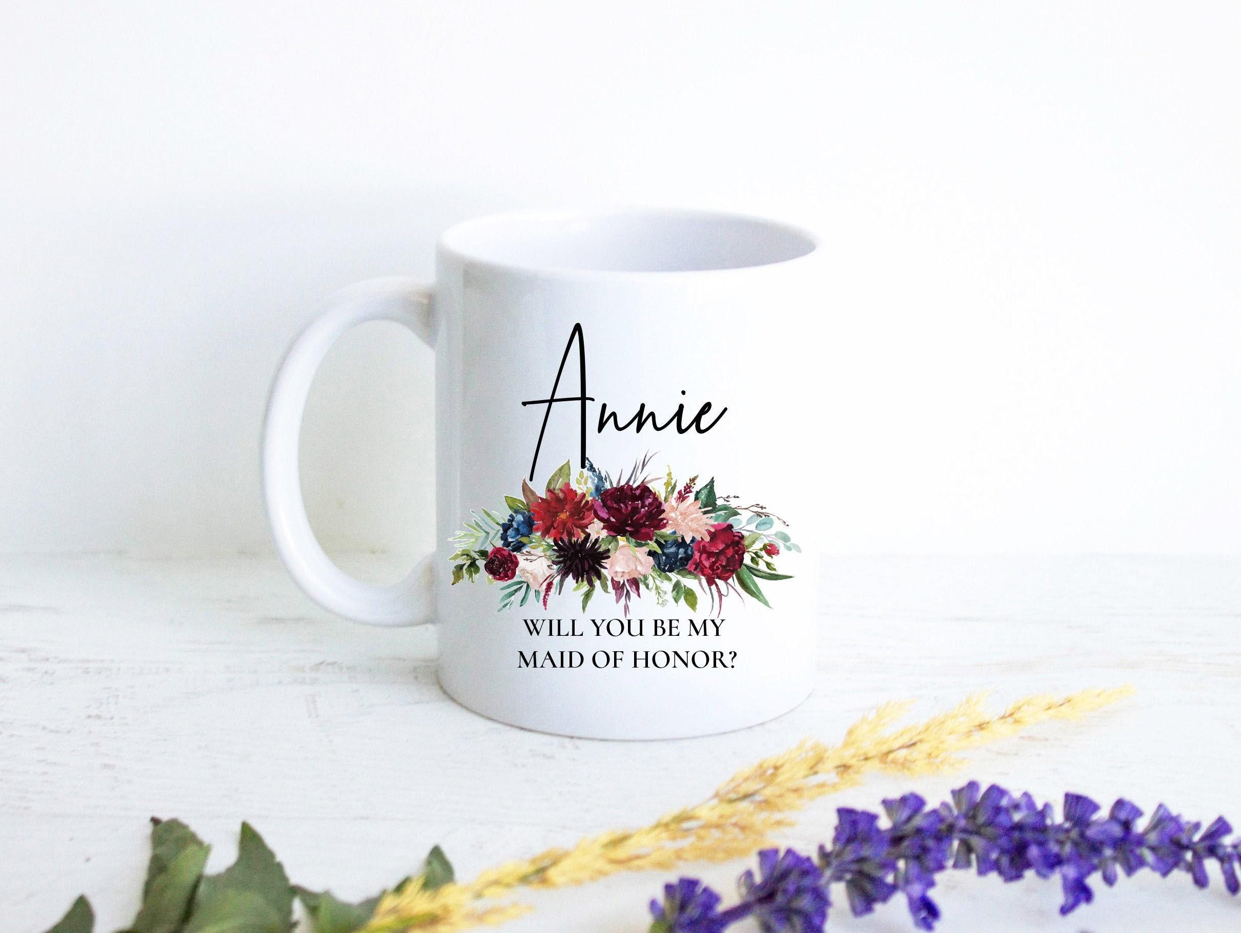 Burgundy Floral Bridesmaid Custom Name - White Ceramic Mug