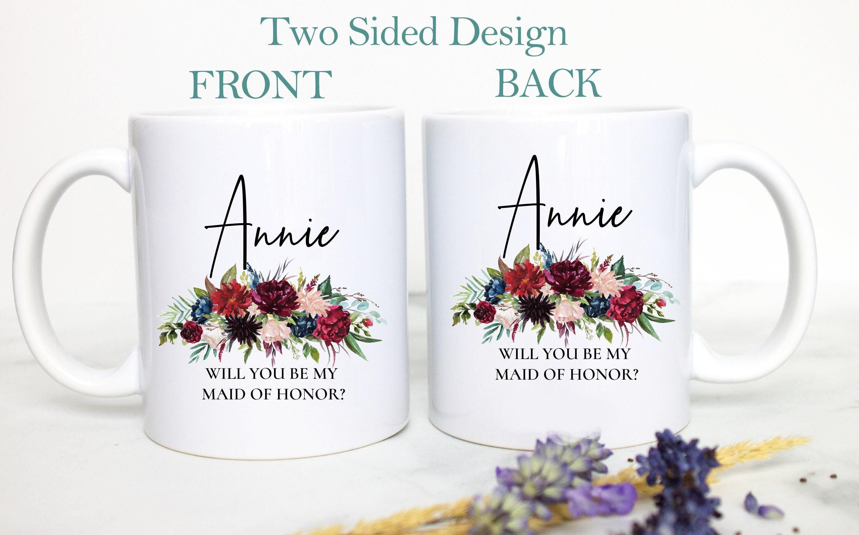 Burgundy Floral Bridesmaid Custom Name - White Ceramic Mug