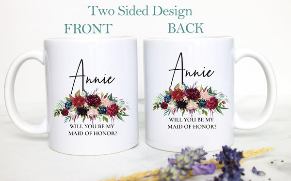 Burgundy Floral Bridesmaid Custom Name - White Ceramic Mug