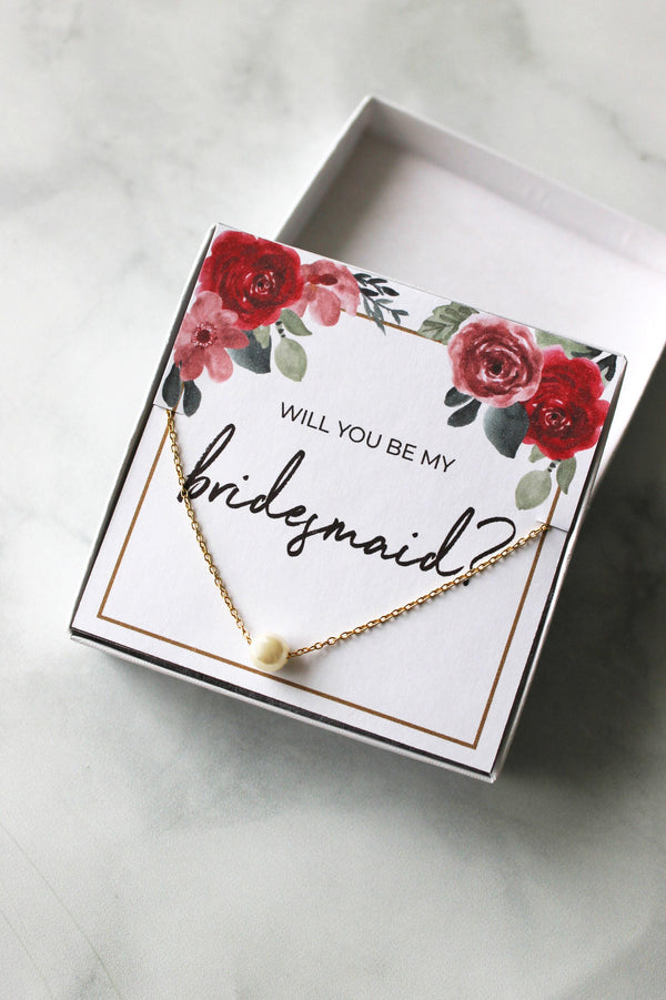 Bridesmaid Pearl Necklace Gift - Red Floral