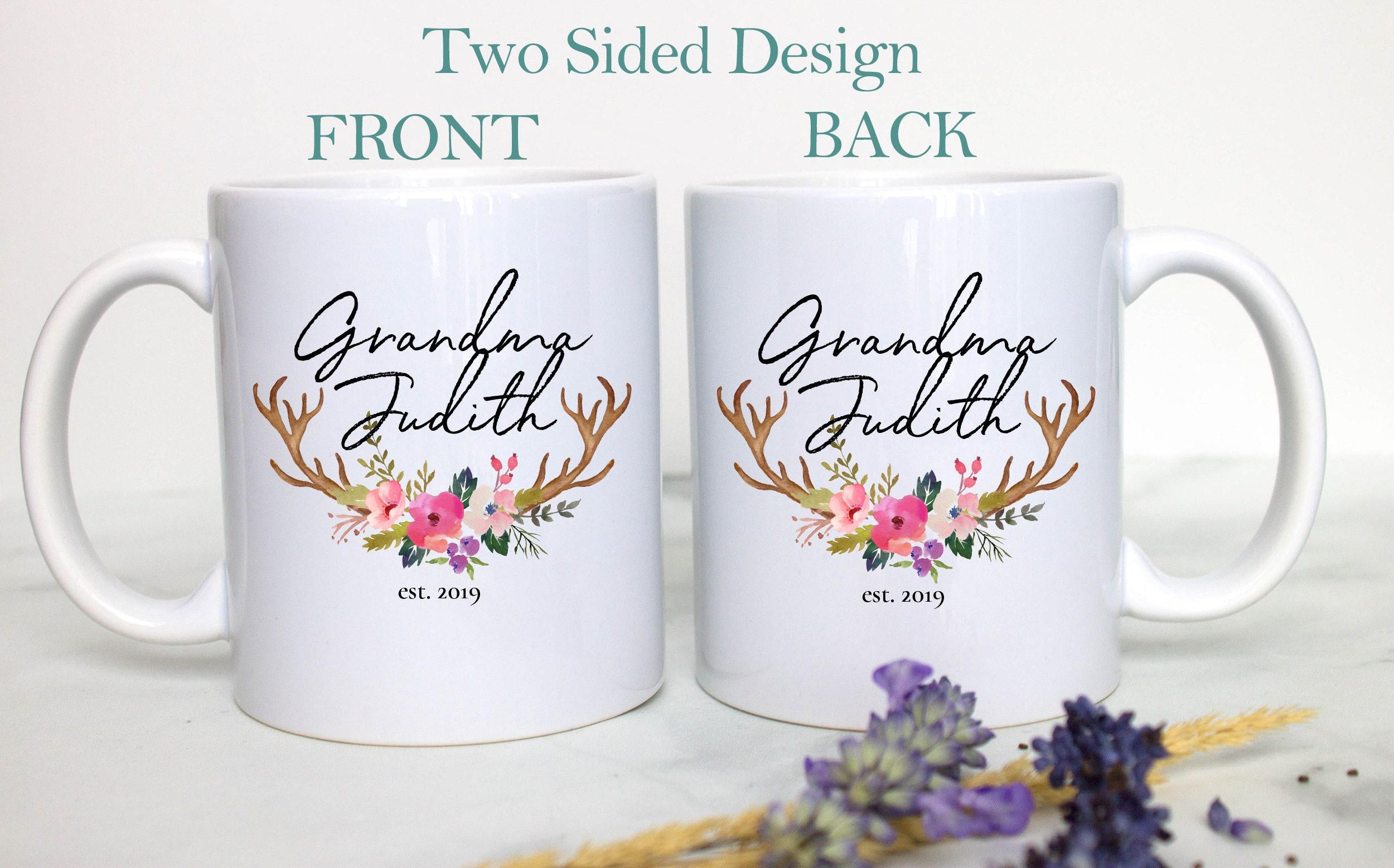 Floral Rustic Personalized Grandma Name Est - White Ceramic Mug