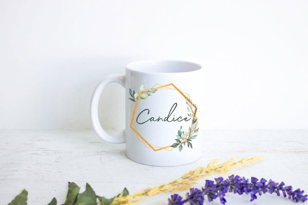 Green and Gold Floral Design with Custom Name - White Ceramic Mug