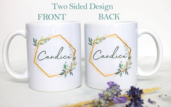 Green and Gold Floral Design with Custom Name - White Ceramic Mug