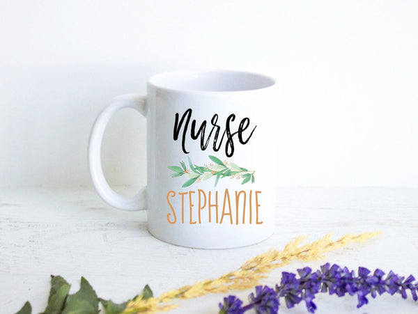 Nurse Greenery Monogram With Custom Name - White Ceramic Mug