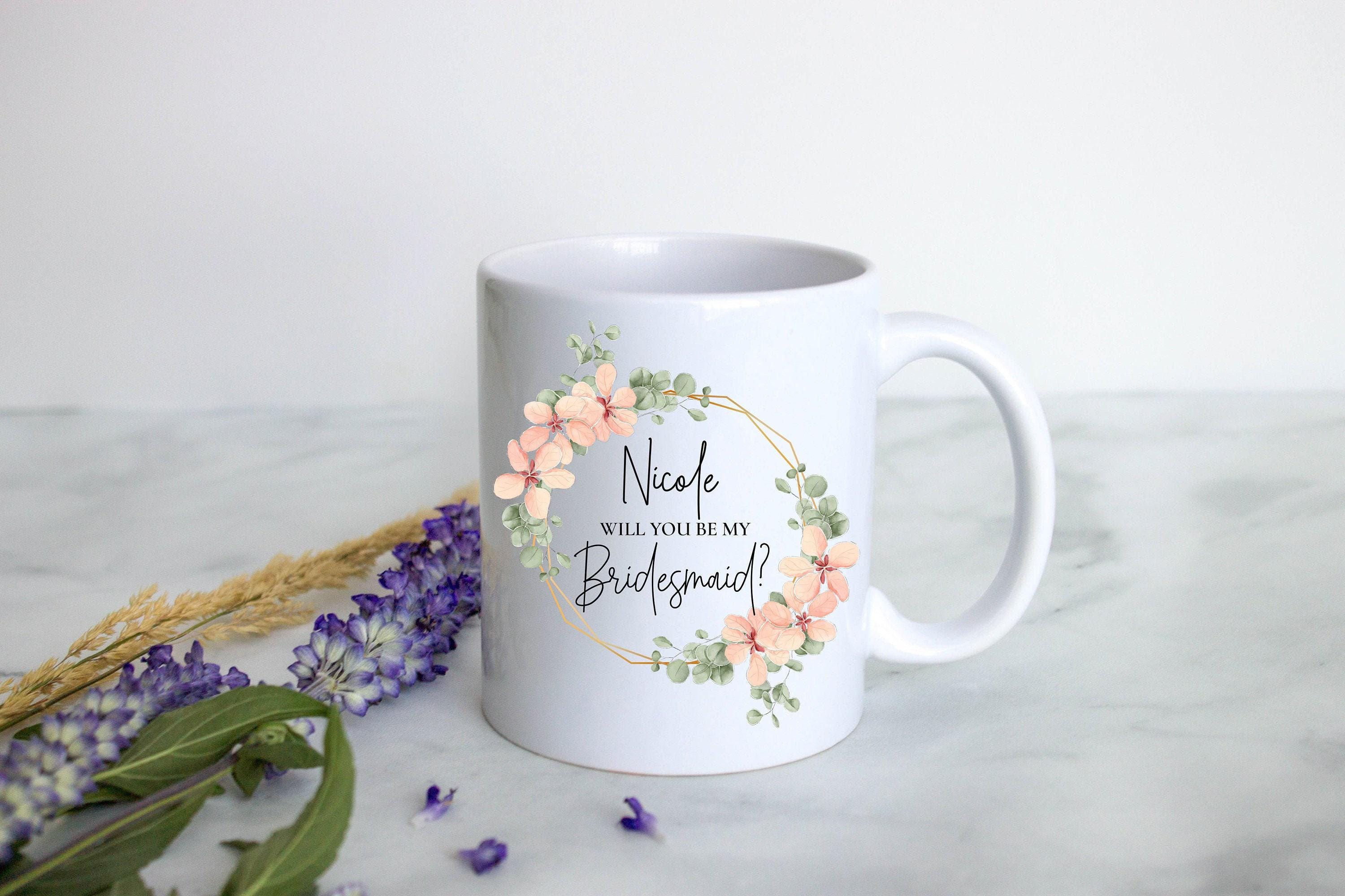 Boho Floral Wreath Will You Be My Bridesmaid? Custom Name - White Ceramic Mug
