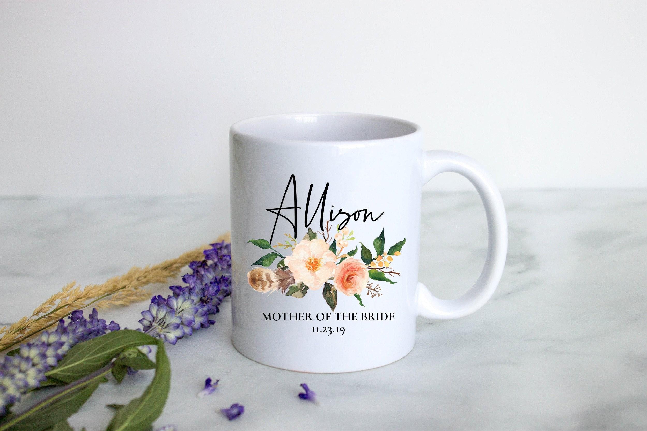 Boho Bohemian Floral Mother of the Bride Custom Name With Date - White Ceramic Mug