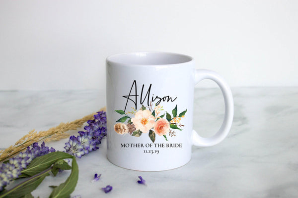 Boho Bohemian Floral Mother of the Bride Custom Name With Date - White Ceramic Mug