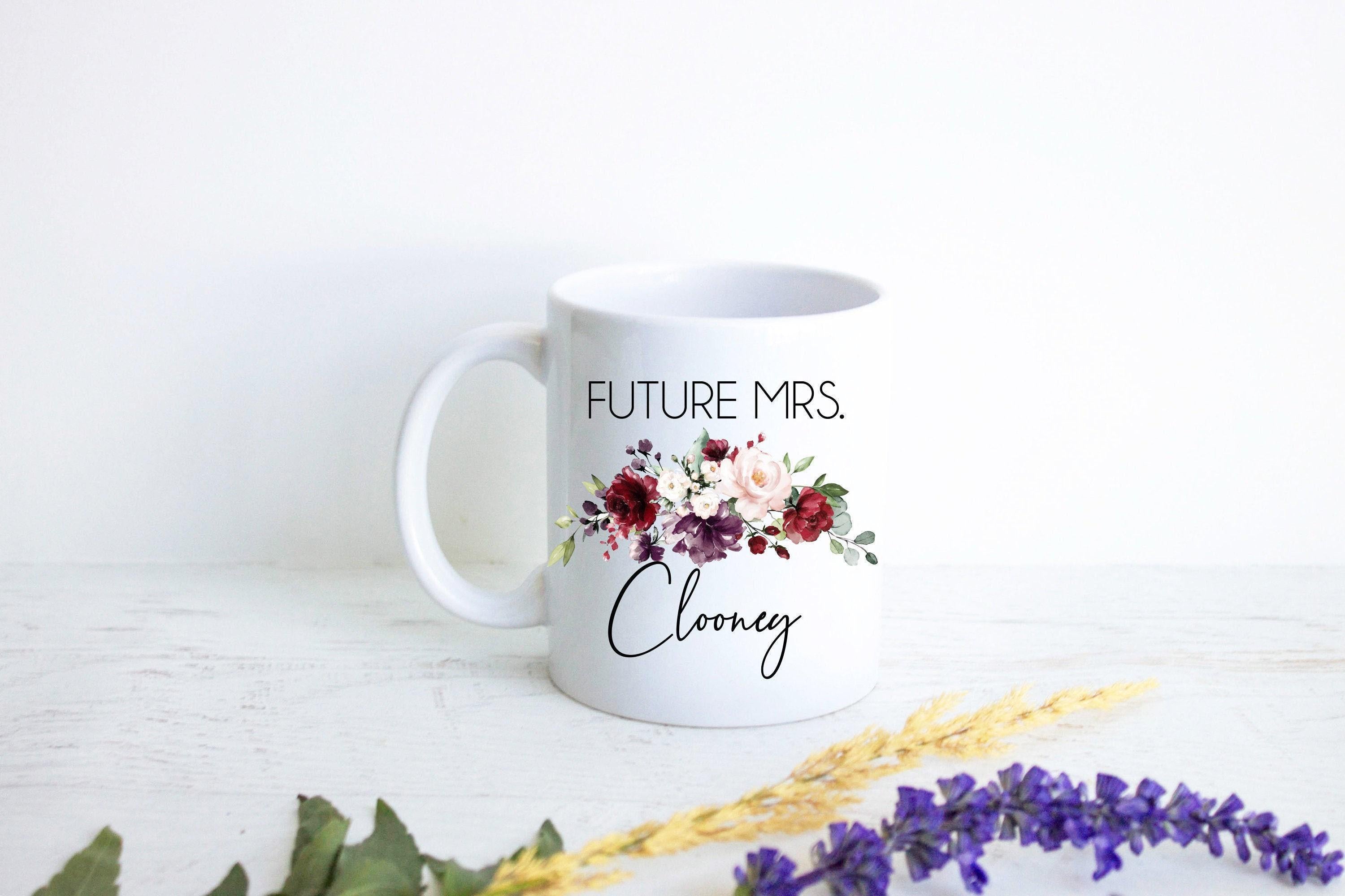 Future Mrs. Fall Burgundy Rose Floral Custom Name - White Ceramic Mug