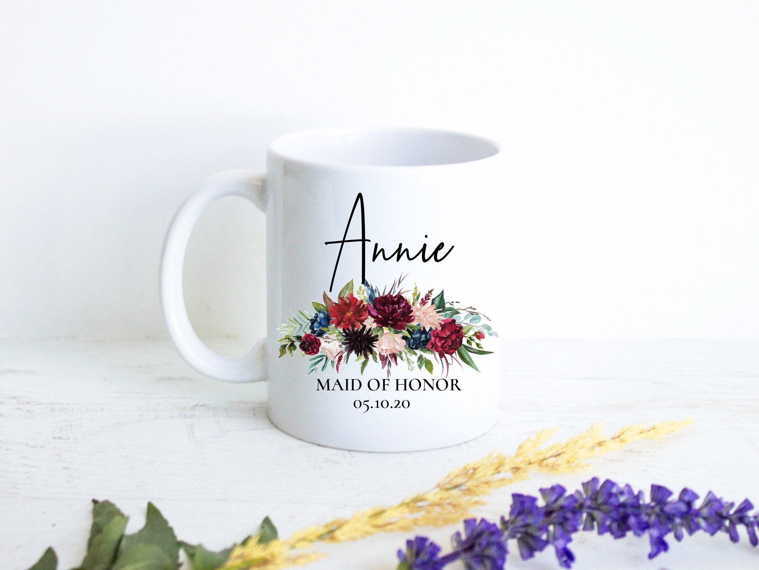 Burgundy Boho Floral Bridesmaid Custom Name With Date - White Ceramic Mug