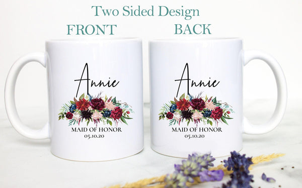Burgundy Boho Floral Bridesmaid Custom Name With Date - White Ceramic Mug
