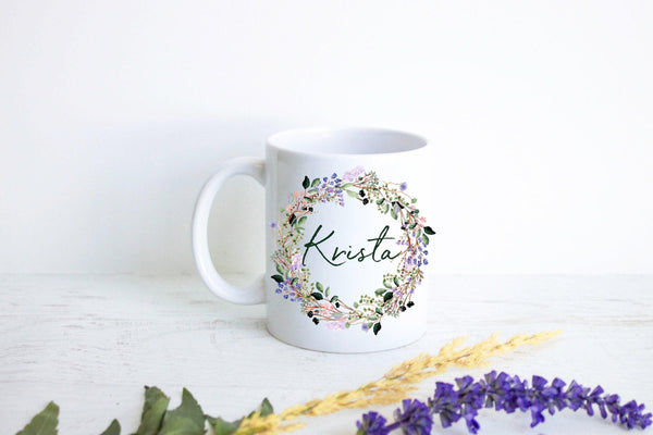 Elegant Floral Lavender and Wildflower with Custom Name - White Ceramic Mug