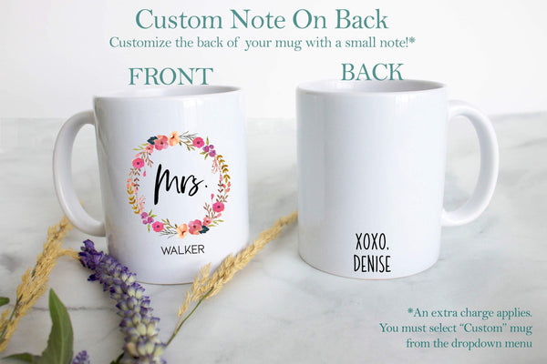 Floral Wreath Married Mrs. Mug Custom Name - White Ceramic Mug