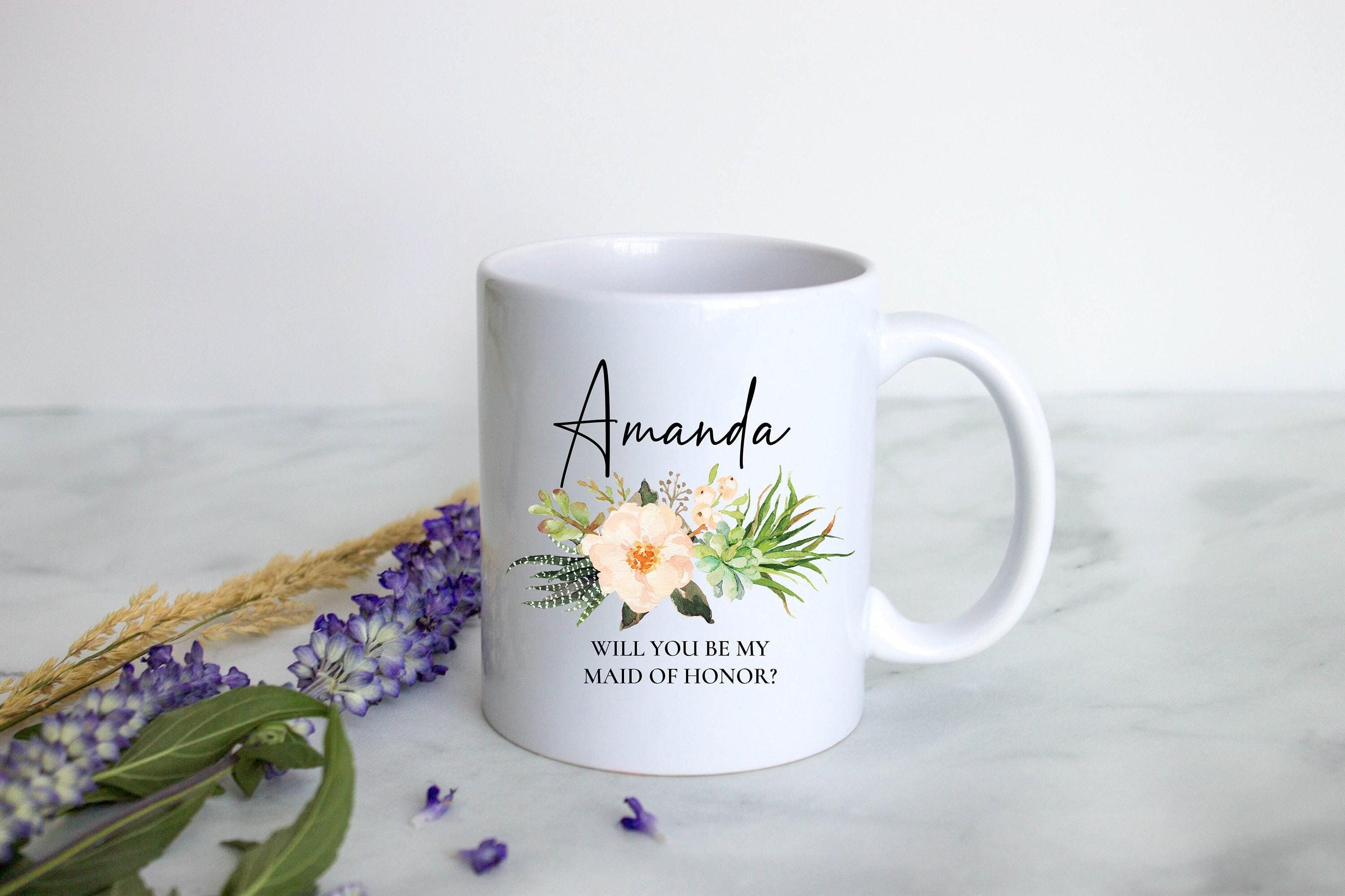Boho Bohemian Succulent Floral Bridesmaid Custom Name With Date - White Ceramic Mug